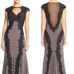 Betsy & Adam Hourglass Jersey Formal Gown Dress Sweetheart Keyhole Taupe Black 8